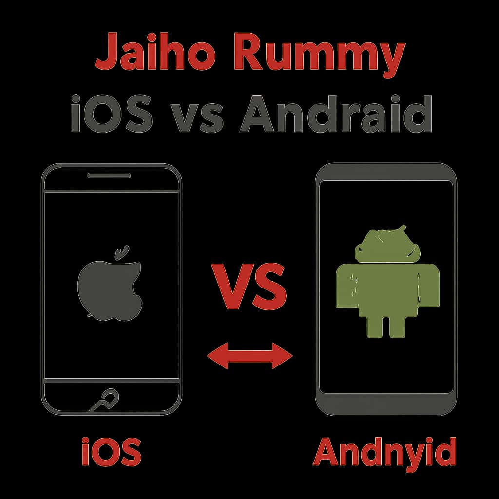 Illustration detailing Jaiho Rummy's features on iOS and Android.